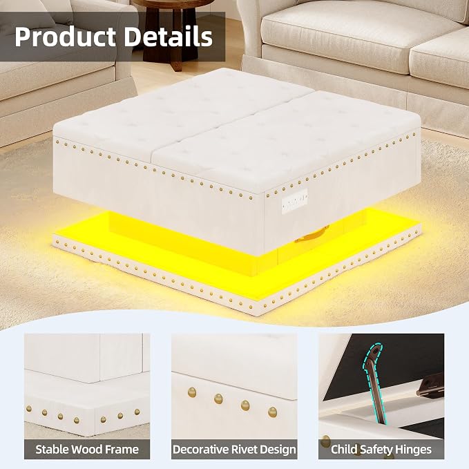 Large Square Ottoman with Storage, Square Storage Ottoman Coffee Table | Coffee Table Storage Ottoman Bench with Lift Top and Two Tier Drawers, LED Ottoman Bench with Charging Station,Beige
