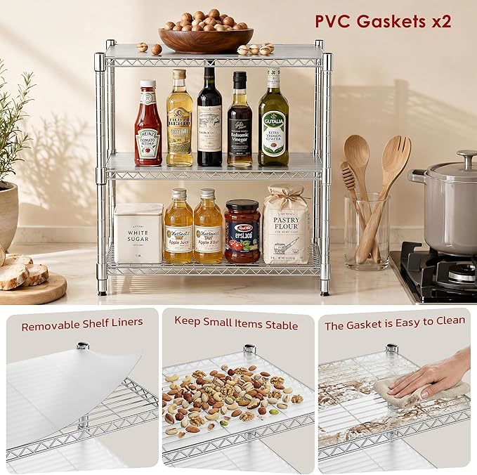 Heavy Duty 3-Shelf Shelving Unit, 24.02" W x 13.78" D x 21.97" H Chrome Steel Storage Rack with Wheels, 2 PP Shelf Liners and Hooks, Adjustable Under Desk Organizer for Kitchen, Office, Garage