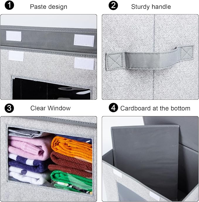Univivi Fabric Foldable Storage Boxes [4-Pack] Large Collapsible Stackable Storage Bins with Lids, Closet Organizers and Storage Cube Basket for Home, Office, Bedroom (Gray, 17“ x 12” x 12") | 17 x 12 x 12 In Clothes Storage Bins with Handles & Window,...