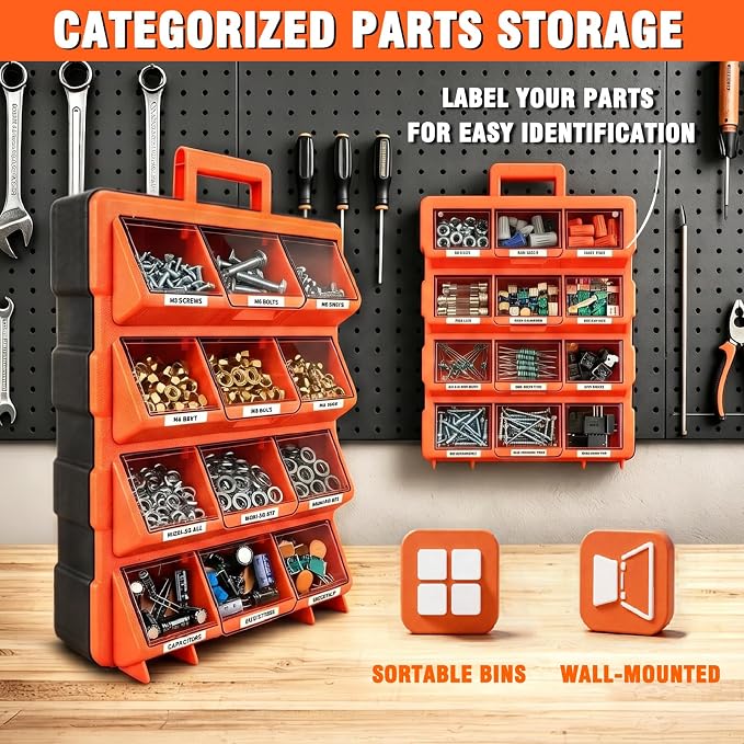 ULIBERMAGNET Tool Box Organizer,12-Compartment Portable Small Parts Organizer for Screws, Bolts,Nails,Washers, Wall-Mounted Hardware Storage Boxes for Garage, Truck, Workshop (Orange)