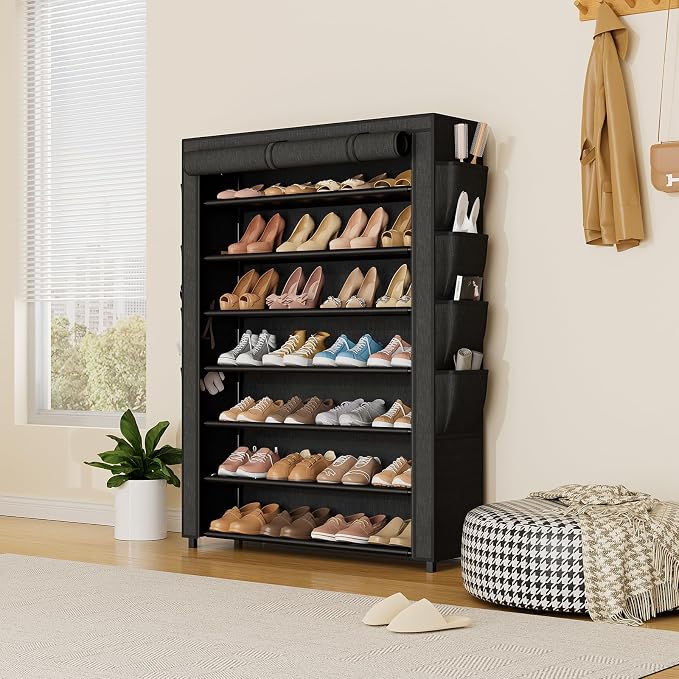 VTRIN Shoe Rack with Cover, 7 Tier Shoe Organizer Storage for 35-40 Pairs Shoes and Boots Large Capacity Tall Shoe Shelf with 8 Pockets Free Standing Shoe Rack for Closet, Entryway, Garage