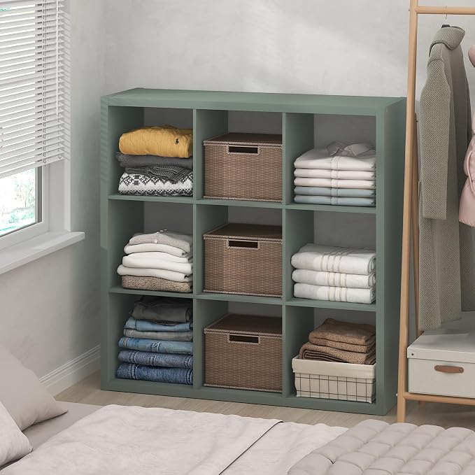 Furinno Cubic Extra Thick 9-Cube Closet Organizers and Storage, Sage Green | 14.6 x 44 x 44 in, Open Shelf Closet Storage, Closet Organizer, for Wardrobe, Bedroom, Living Room