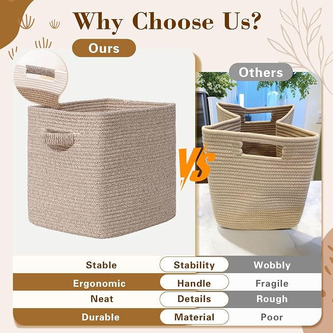 15×13 Inch Storage Cubes, 3 Pack Cube Storage Bins for Organizing, Cotton Rope Woven Baskets for Shelves, Bathroom, Kids Room, Closets, Baby Nursery