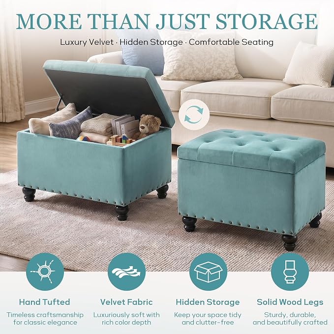 Zihanhome Velvet Storage Ottoman Bench, Button Tufted Ottoman with Hidden Storage, Upholstered Foot Rest Stool with Solid Wood Legs for Living Room, Bedroom, Entryway & Small Spaces (Mint Blue)