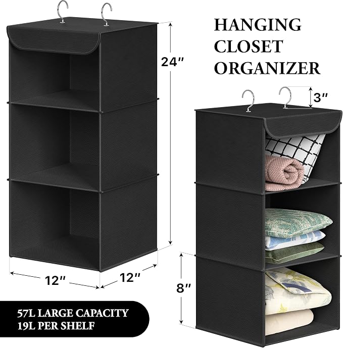 Simple Houseware 3 Shelf Hanging Closet Organizer, Black | 360° Rotating Dual Hooks, Top Support Metal Frame