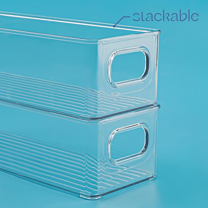 Plastic Food Storage Clear Container 2 Pack Bin with Handles for Organizing Kitchen, Pantry, Refrigerator, Freezer, Pantry, Cabinet, Closet, Bathroom. Stackable 10”x4”x3”