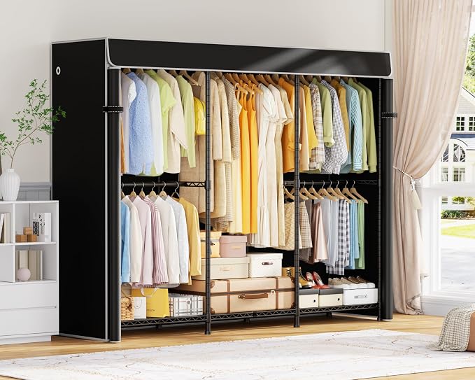 E14C Pro Heavy Duty Closet Organizer System，Freestanding Clothing Racks for Hanging Clothes，Adjustable Garment Rack 69" W × 16" D × 77" H Hold 960 lbs，Black Rack with Black Dustproof Cover