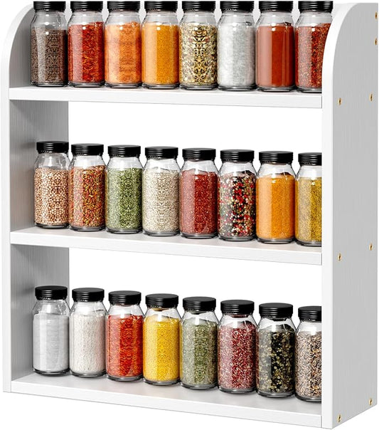 ROMGUAR CRAFT 3 Tier Bamboo Spice Rack, Countertop or Wall Mounting Wood Spice Jars Organizer Shelf for Kitche, Pantry (White)