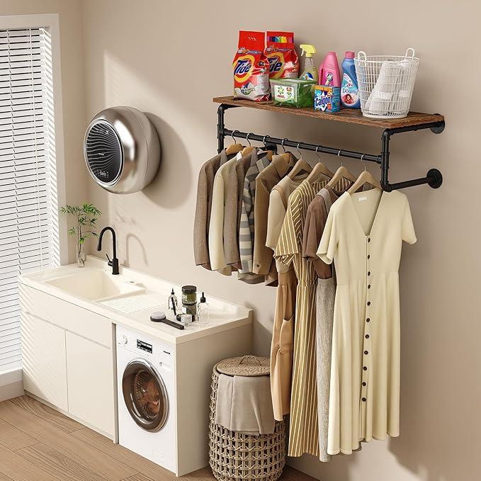 Clothes Rack with Top Shelf, 43.3in Industrial Pipe Wall Mounted Garment Rack, Space-Saving Display Hanging Clothes Rack, Heavy Duty Detachable Multi-Purpose Hanging Rod for Closet Storage