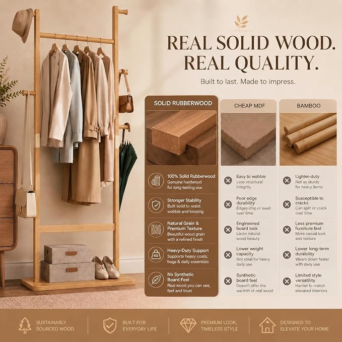Solid Wood Coat Rack Freestanding, Clothing Rack with 5 Hooks & Bottom Shelf, Coat Rack Stand for Hanging Clothes, Wood Hall Tree Organizer for Entryway, Bedroom (Natural Wood 23.6"W x 70.8"H)