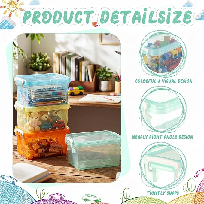 12 Pack Colorful Plastic Storage Bins with Lids 4 Quart Small Storage Latch Box Stackable and Nestable Clear Organizer Bins with Latching Handle and Buckle for Organizing (Pastel)