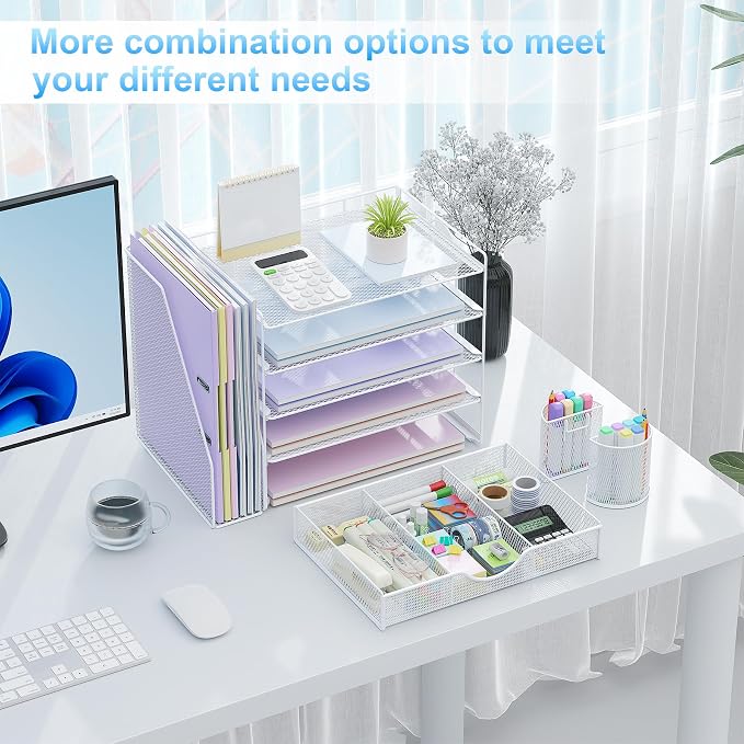 gianotter 5-Tier Desk Organizer with Drawers and File Holders | Letter Trays and Pen Holders - Workspace Accessories for Office Supplies (White)