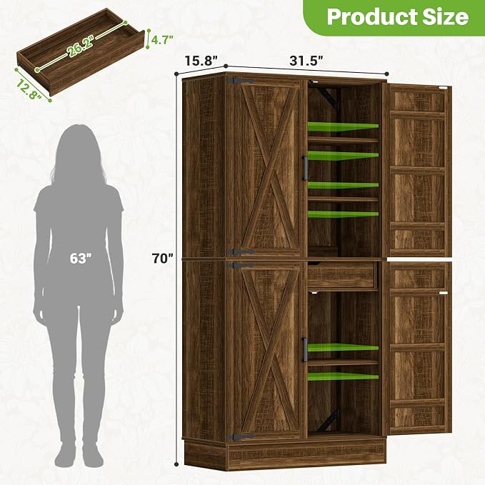 Unikito 71" Tall Kitchen Pantry Storage Cabinet with Built-in Drawer | 31.5" Wide Wood Farmhouse Storage Cabinet with Barn Doors and 3 Shelves, for Home Kitchen,Dining/Living/Laundry/Room