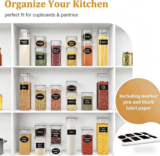 28pcs Airtight Containers, Clear Stackable Dry Food Storage | clear airtight containers with tight lids keep dry food fresh. Safe plastic, stackable for pantry kitchen storage