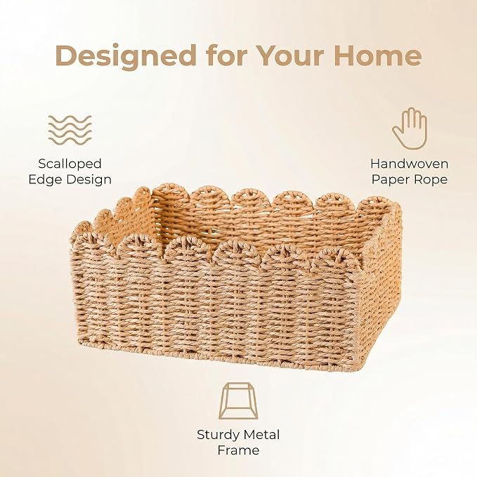 Scalloped Basket, Paper Rope Wicker Storage Baskets 14" L x 10.5" W x 5.9" H, Hand Woven Baskets for Shelves, Rattan Organizing Baskets for Living Room, Bedroom, Table, Bookcase, Shelf (Large)