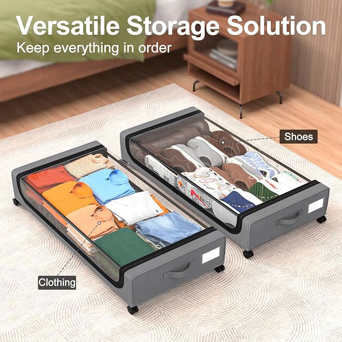 GoMaihe Under Bed Storage with Wheels 70L Grey 2-Pack | Rolling Bins for Shoes Clothes in Dorm Bedroom - Metal Drawers Easy Pull-out