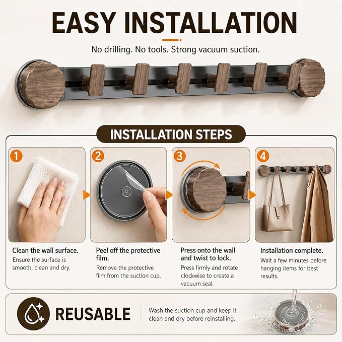 Sindax Suction Cup Wall Coat Rack, No Drill Coat Hooks with 4 Adjustable Hooks, Reusable Wall Mounted Rack for Entryway, Bathroom, Grey