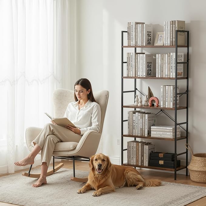 HealSmart 5 Tier Bookshelf, Free Standing Book Shelf Home Office Bookcase Shelf Storage Organizer for Bedroom, Living Room, Bathroom, Office, Balcony, Rustic Brown