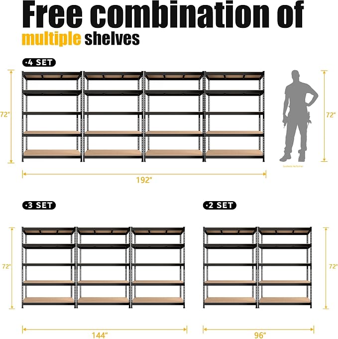 PrimeZone 48"W x 24"D x 72"H Garage Storage Shelves, 5-Tier Metal Shelving | 3000 LBS Capacity, Heavy-Duty Metal Frame, FSC MDF Boards, Boltless Assembly, Adjustable Shelves for Warehouse, Basement 6PCS