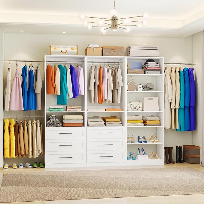 Closet System with 3 Sets, 6-15.8FT Custom Closet Organizer System with 6 Drawers & 8 Shelves & 5 Hanging Rods, Max 189"W Closet Shelving System, Walk in Closet Organizers and Storage System, White