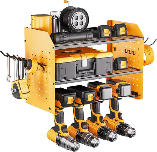 TRZZ Power Tool Organizer Wall Mount, 3-Layer Drill Rack, Yellow | 2 Side Pegboards, 4 Hooks, Cordless Drill Holder, Efficient Storage, for Workshop, Garage, Tool Room