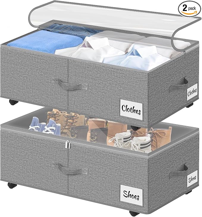 Under Bed Storage with Wheels, 2-Pack 10" Height XXL 75L Rolling Storage Bins, Quick Assembly Underbed Shoe Storage Containers with Clear Lid & Label, Dorm Under Bed Drawers for Clothes, Shoes, Black