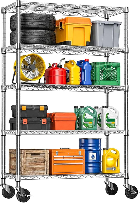 IZEUK 5-Tier Storage Shelving Unit with Wheels, Adjustable Heavy Duty Steel Wire Rack Organizer (Chrome, 17.7" D x 47.2" W x 76.7" H, 1750 lbs Capacity) for Garage, Kitchen, Pantry, Laundry, Basement