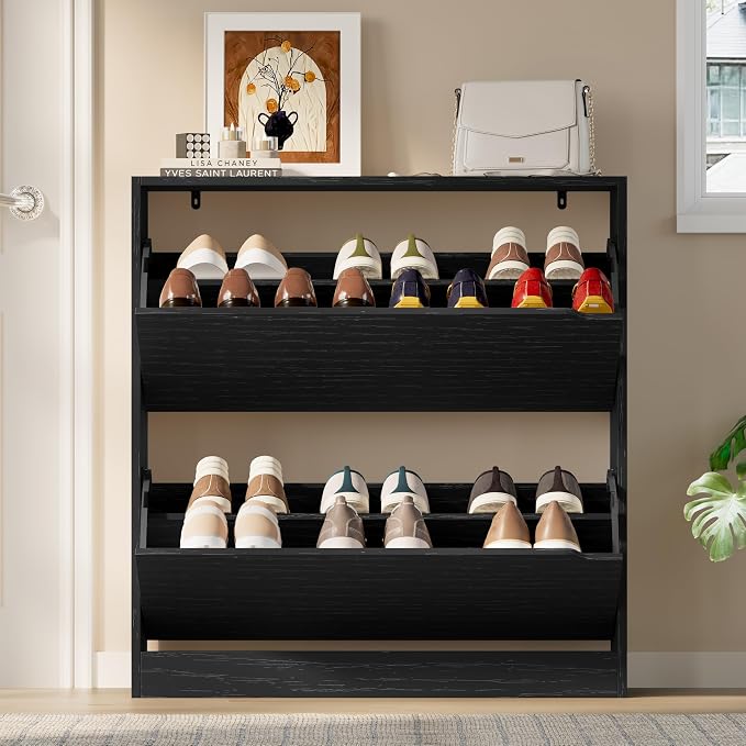 BORNOON Shoe Cabinet with 2 Flip Drawers, Slim Narrow Shoe Storage Cabinet, Freestanding Shoe Organizer with Adjustable & Removable Shelves, Top Display Shelf for Entryway, Hallway, Foyer, Closet