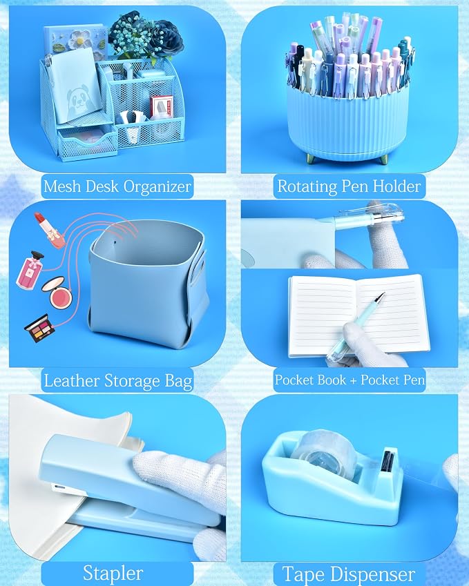 Blue Desk Accessories and Organizers with Desk Organizer and 360°Rotating Pen Holder stapler Pen and a Lot of Office Blue Office Supplies Beautifully Presented in a Gift Box