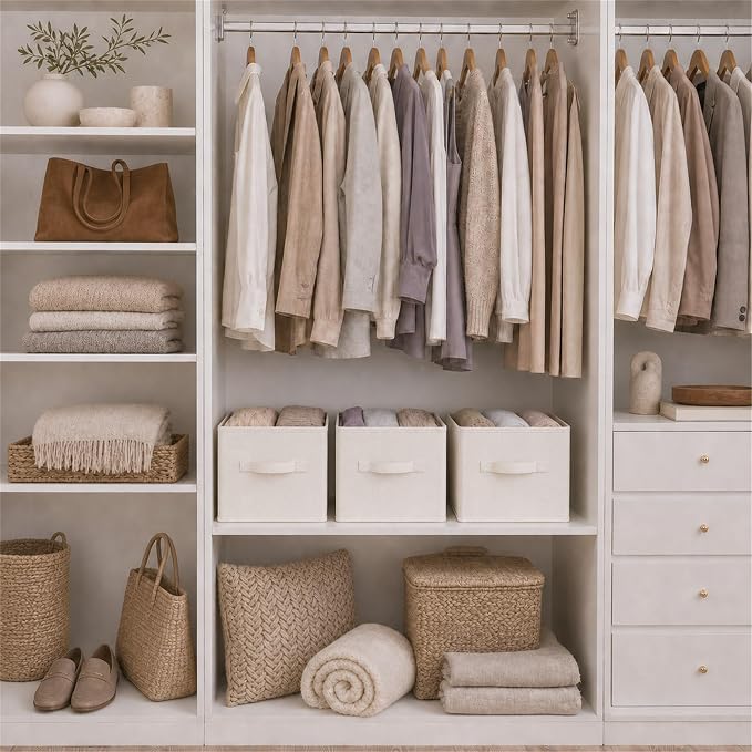 LayerSpace 3 Pack Fabric Storage Bins for Shelves | 16.25x12x10in Closet | Collapsible Bins for Organization | Linen Clothes Storage Bins | White & Ivory | Thickened Rigid PP Panels, Cotton-linen Shelf Baskets, Measure 16.25"L x 12"W x 10"H for Clothes...