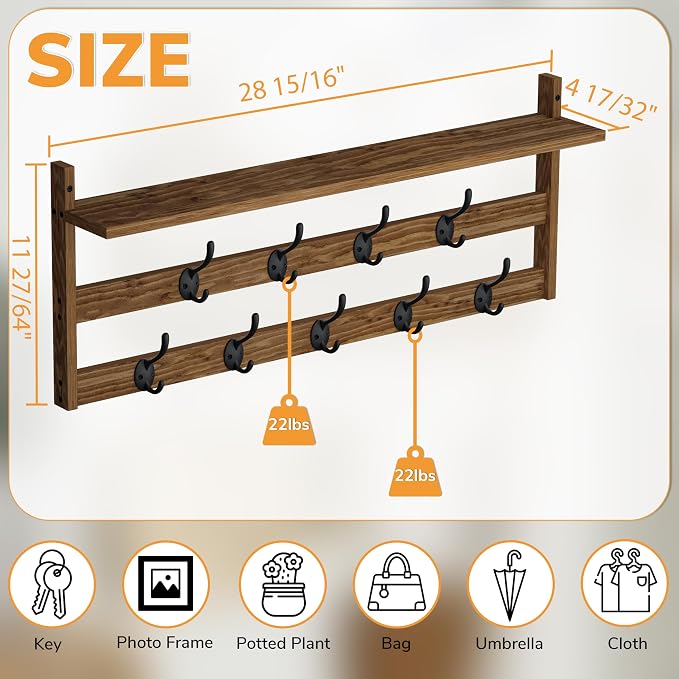 AMBIRD Coat Rack Wall Mount with Shelf, 29" Coat Hooks Wall Mounted with 9 Metal Hooks for Entryway, Bathroom, Bedroom, Living Room, Kitchen, 2 Tier Wall Hooks for Clothes, Hat, Towel, Key, Purse
