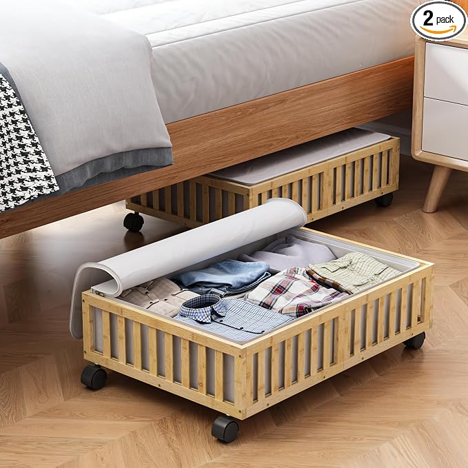 MHXW SXPN 2 Pack Bamboo Under Bed Storage Containers with Wheels, Nature | Underbed Drawer Storage with Bag, Wood Rolling Underbed Organizer for Shoes, Sheets Clothes Blanket Comforter, Under Crib Toy