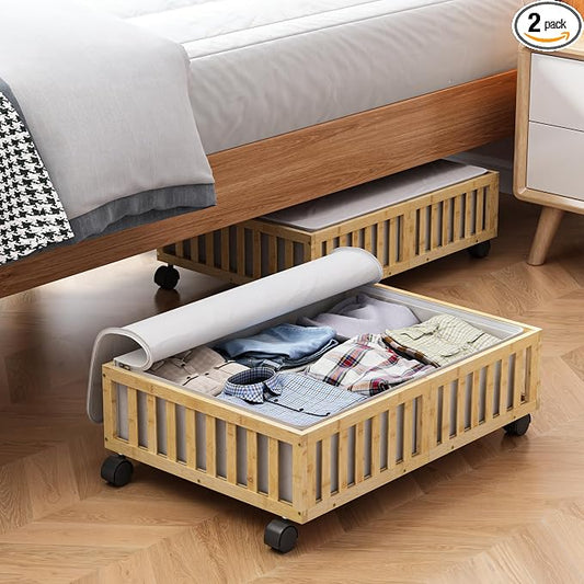 MHXW SXPN 2 Pack Bamboo Under Bed Storage Containers with Wheels, Nature | Underbed Drawer Storage with Bag, Wood Rolling Underbed Organizer for Shoes, Sheets Clothes Blanket Comforter, Under Crib Toy