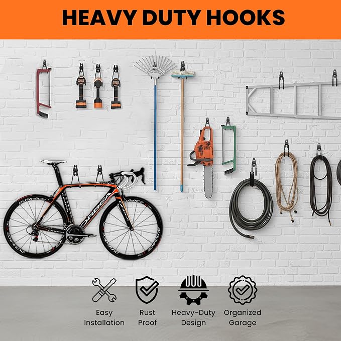 13 Pack Heavy Duty Garage Hooks, Wall Mounted Tool Hangers | PVC-coated hooks for bikes, ladders, garden tools and storage, anti-rust garage wall organizer.