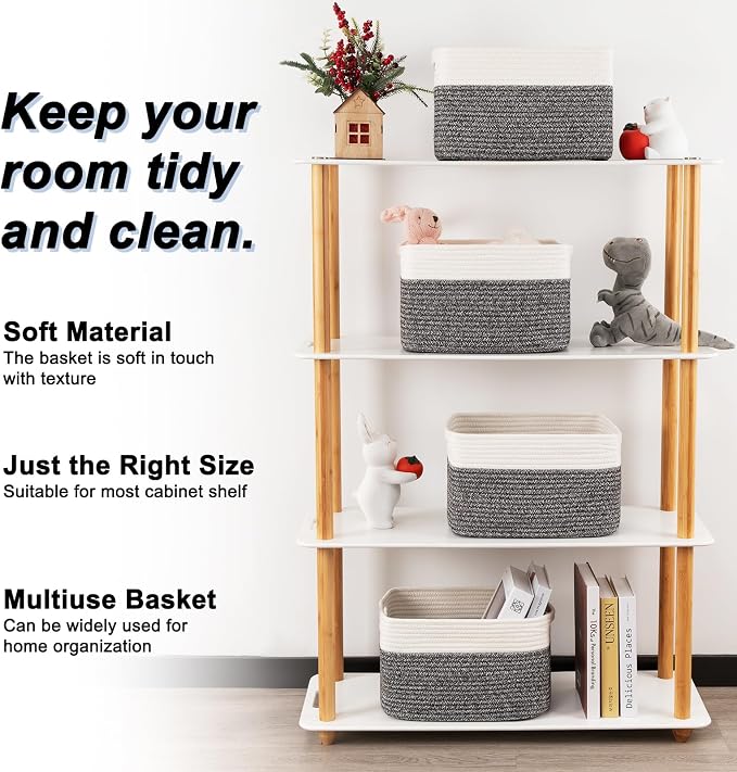 4 Pack Storage Baskets for Organizing, Woven Baskets for Shelves - Perfect for Toys, Books, Towels, and Clothes, Durable Gift Basket Bins Toy Storage, 12.7''Lx9''Wx7.8''H, Black & White