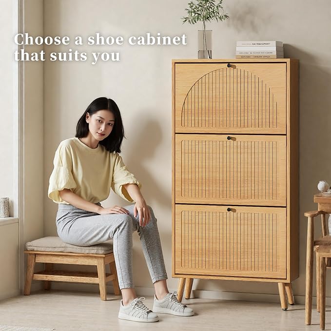Fsbecl Shoe Storage Cabinet for Entryway with 3 Flip Drawers, Oak | Narrow Single Layer Design, 23.6'' Freestanding Shoe Rack, Wooden Hidden Organizer for Hallway Foyer, 6-9 Pairs