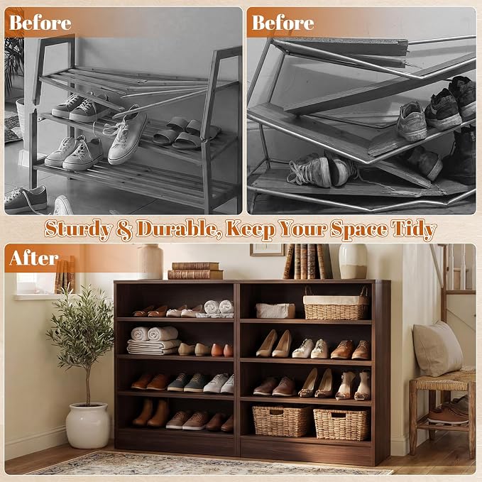 Shoe Cabinet, 5-Tier Modern Wood Shoe Storage, Dark Walnut | Organizer with 3 Adjustable Shelves for Entryway, Multi-Purpose Display Shelf & Storage Cabinet for Living Room, Bedroom