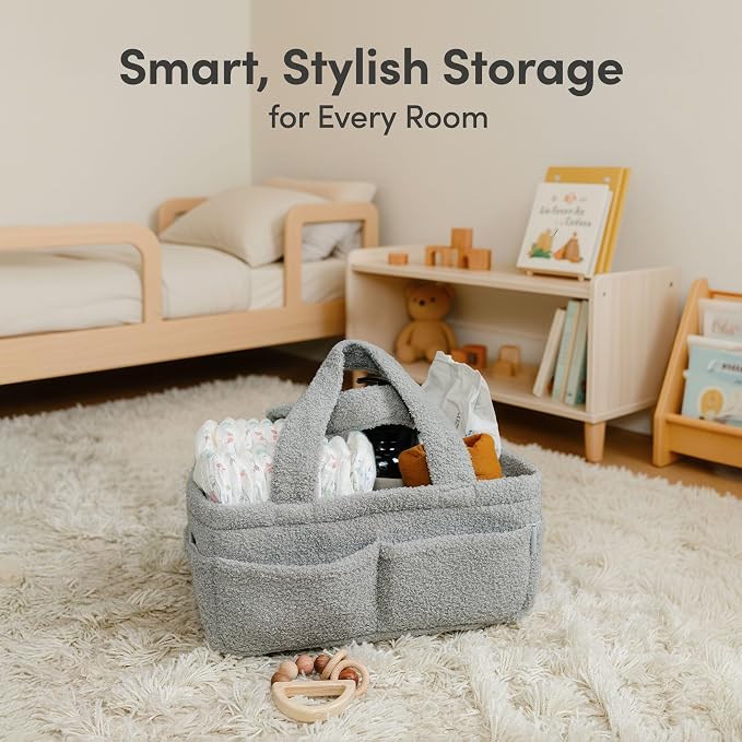 PUTSKA Baby Diaper Caddy Organizer, Nursery Basket, Gray Fleece