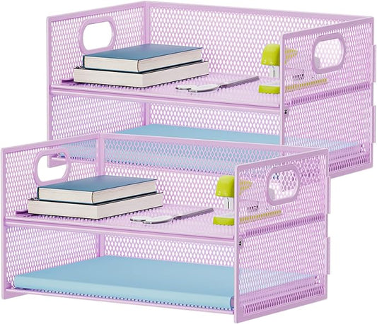 Marbrasse 2 Tier Paper Organizer Letter Tray, Mesh File Organizer with Handle, Paper Sorter Desk Organizer for Home Office Supplies - 2P Purple