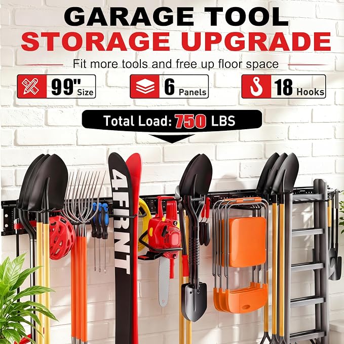 Garage Tool Organizer Wall Mount 99 inches with 18 Adjustable Heavy-Duty Hooks, Garage Organization, Garden Tool Storage Rack, Yard, and Shed, Holds Up to 750 lbs