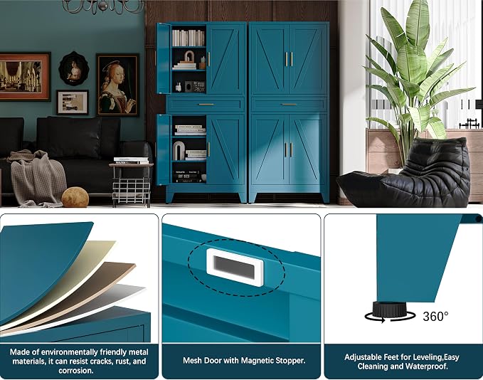 71"H Metal Kitchen Pantry Cabinet with Drawers,Blue Kitchen Storage Cabinets with Doors,Farmhouse Pantry Food Storage Cabinets,Tall Pantry Cabinets,Large Freestanding Cabinets for Dining Room