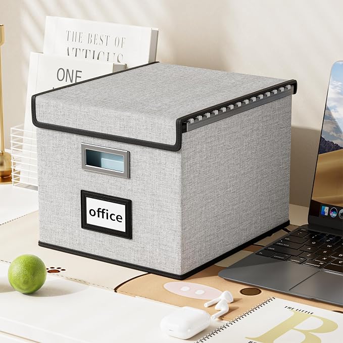 File Organizer Box with Lids, Collapsible File Folder Organizer | File Box with Plastic Slides for Document, Filing Bin for Letter Size Hanging File Folders (1 Pack, Light Gray)