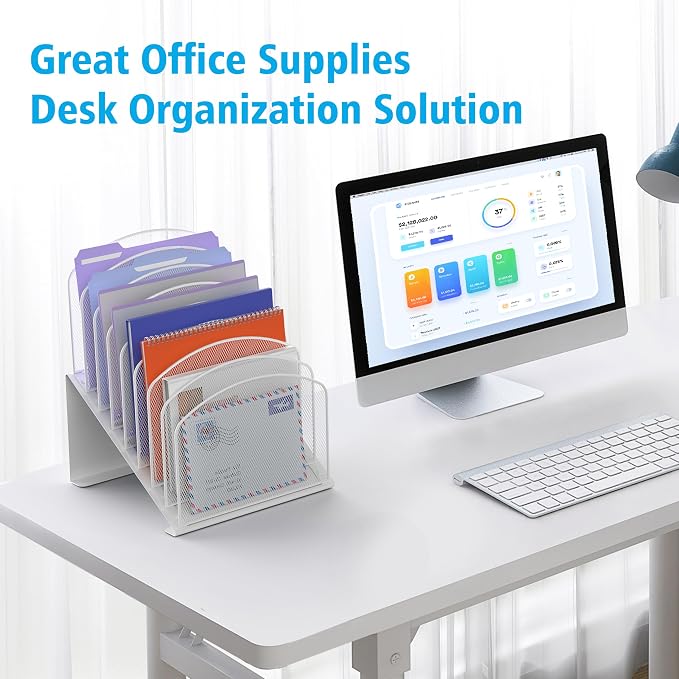Inclined Desk File Organizer, 8-Section Upright Desk Organizer Standing File Sorter for Office Classroom Desktop Organization (White)
