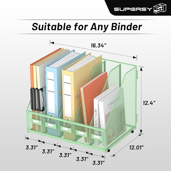 SUPEASY Desk Organizers Metal Desk Magazine File Holder with 5 Vertical Compartments Rack File Organizer for Office Desktop, Classroom, Home Workspace, Green, Plus