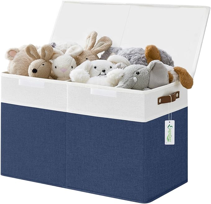 Bagnizer Large Toy Storage Box with Lids, Collapsible Sturdy Baby Storage Organizer Chest Bin Basket for Kids, Boys, Girls, Playroom, Nursery, Bedroom, Closet 25"x13"x16" (Navy Blue and White)