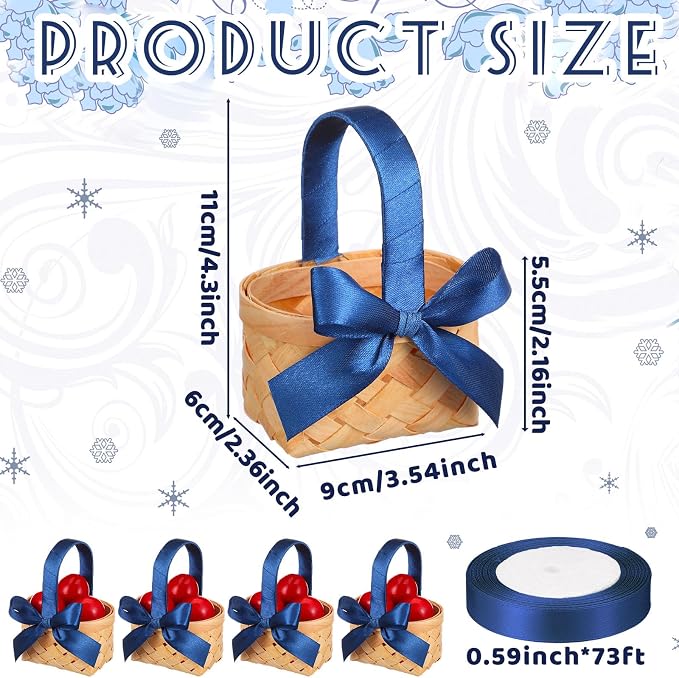 12 Pcs Mini Flower Girl Basket Mini Woven Baskets with Handles Wood Chip Flower Fruit Picnic Holder with Dark Blue Ribbon Chip Bucket for Wedding Party Gifts Baby Shower Birthday Decoration