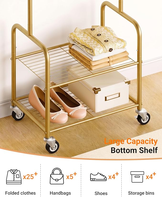 AOODA Small Clothes Rack with Shelves, Metal Sturdy Rolling Clothing Racks for Hanging Clothes, Portable Garment Rack with Wheels for Shirts, Coats, Shoes, Bags (Gold)