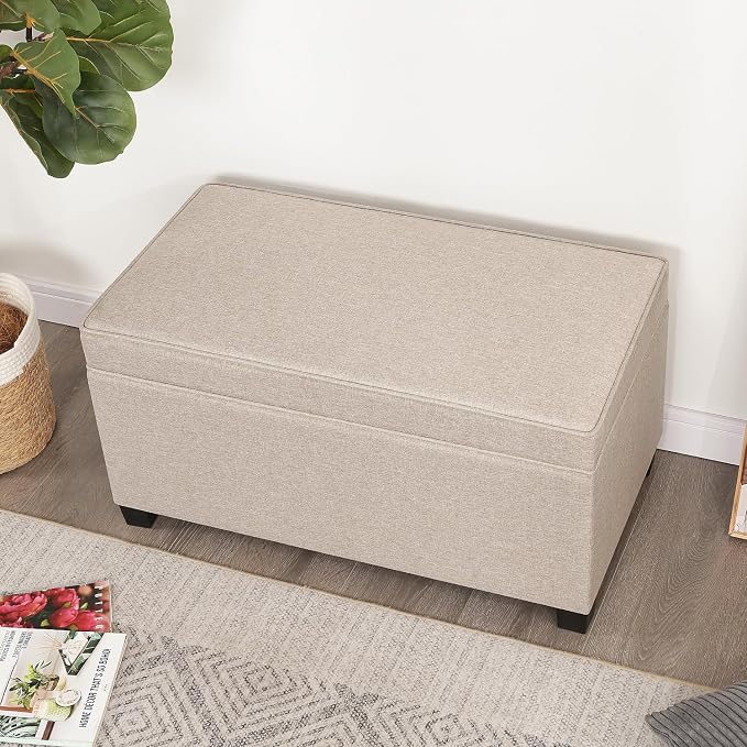 Adeco 31 Inches Storage Ottoman Bench, Non-Folding End of Bed Foot Rest Stools Ottoman with Thicker Foam Padded Seat, Upholstered Storage Chest for Living Room, Entryway, Bedroom
