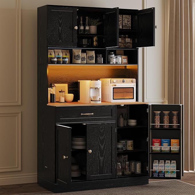 FJTJBSI 72" Kitchen Pantry Cabinet with LED Light and Charging Station Tall Pantry Storage Cabinet with Adjustable Shelves and Door Shelves Modern Kitchen Hutch with Countertop Black