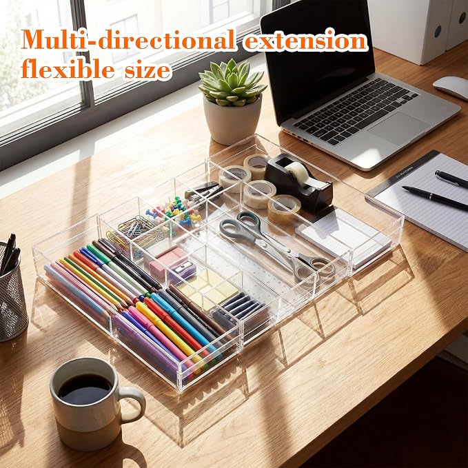 Briwooody Clear Acrylic Drawer Organizer Expandable,10 Compartments,Medium | 9'' up to 18'' x 12'' x 2.1'' Desk Drawer Organizer Trays Adjustable with Desk Accessories for Makeup Office Bathroom